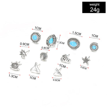 Ornament European And American Style Hollow Carved Cross-border New Arrival Starfish Turtle Fishtail 11-piece Set Set Earrings
