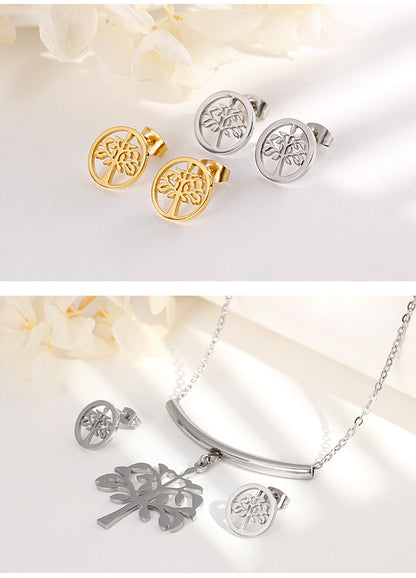 New Fashion Simple Stainless Steel Tree Of Life Necklace Earrings Set