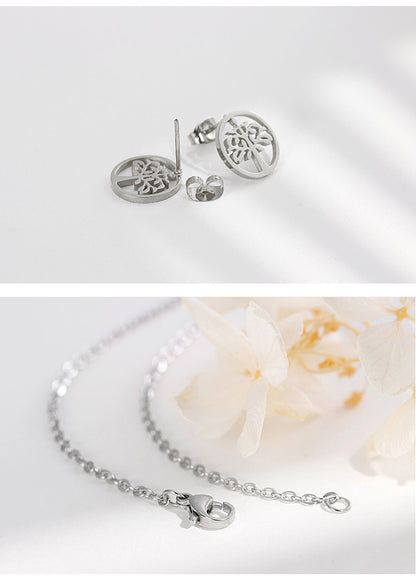 New Fashion Simple Stainless Steel Tree Of Life Necklace Earrings Set