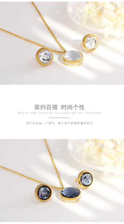 Korean Titanium Steel Inlaid Round Zircon Necklace Earrings Set Wholesale Gooddiy