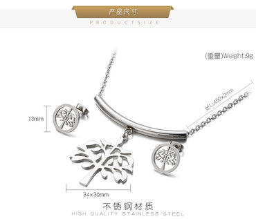 New Fashion Simple Stainless Steel Tree Of Life Necklace Earrings Set