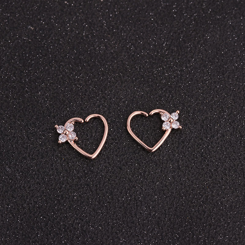 Hot Selling Micro-inlaid Zircon Round Nose Ring Peach Heart Stud Earrings