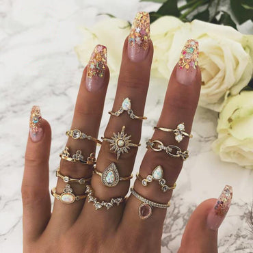 Bohemian Star Crown Rhinestone Inlaid Ring 12-piece