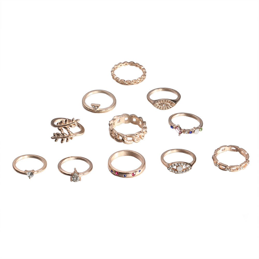 Fashion Leaf Color Diamond Water Drop Alloy Ring 11 Piece Set