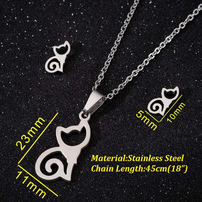 Fashion Cat Stainless Steel Plating Earrings Necklace 1 Set
