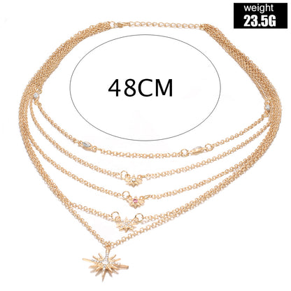 Five-layer Chain Geometric Water Drop Round Ball Six-pointed Star Rhinestone Sapphire Necklace