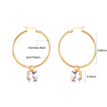 Fashion Round Stainless Steel Plating Rhinestones Hoop Earrings 1 Pair