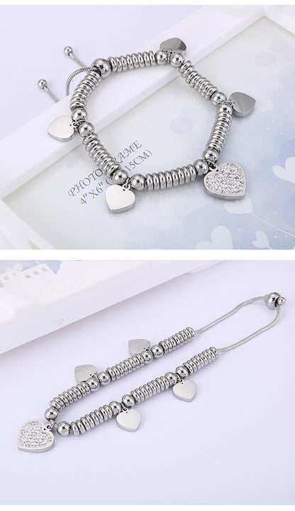 European And American Hipsters Fashion New Simple Personality Circle Diamond Bracelet Heart-shaped Stainless Steel Bracelet Factory Supply