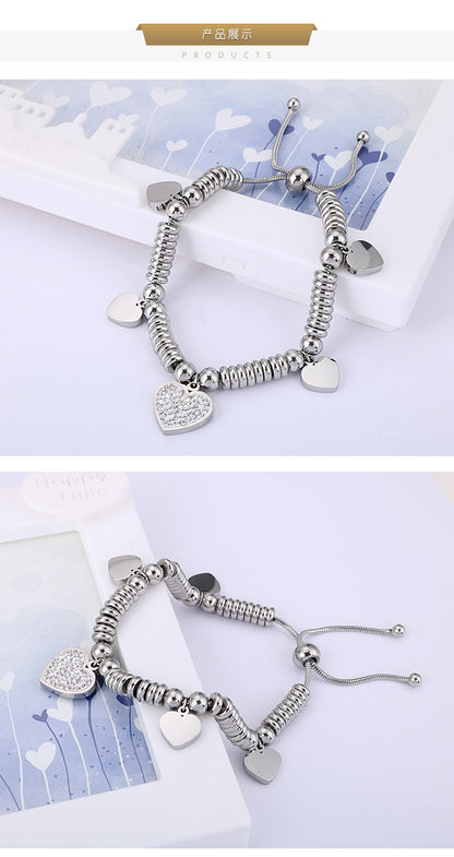 European And American Hipsters Fashion New Simple Personality Circle Diamond Bracelet Heart-shaped Stainless Steel Bracelet Factory Supply