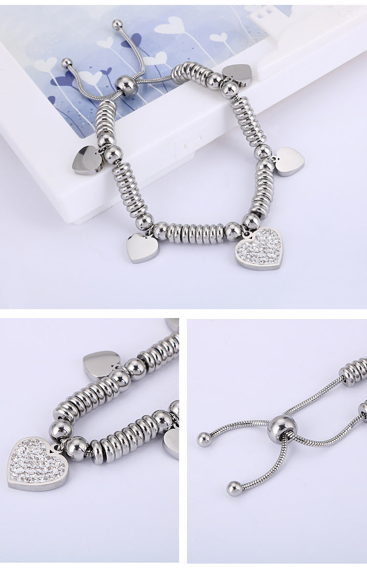 European And American Hipsters Fashion New Simple Personality Circle Diamond Bracelet Heart-shaped Stainless Steel Bracelet Factory Supply