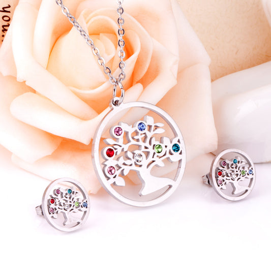 Simple Style Tree Stainless Steel Plating Zircon Earrings Necklace 1 Set