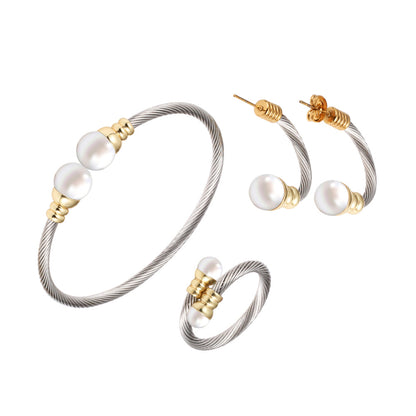 Wholesale Casual Simple Style Spiral Stripe Stainless Steel Copper Braid Inlay Pearl Rings Bracelets Earrings