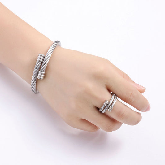 Vintage Style Spiral Stripe Stainless Steel Women's Rings Bracelets Earrings