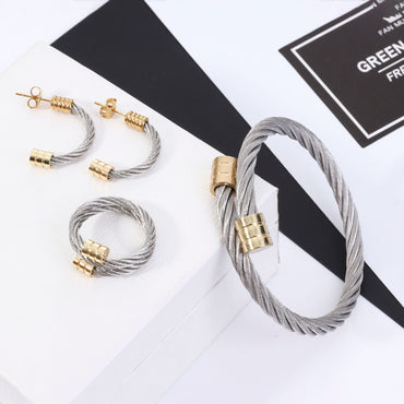 Vintage Style Spiral Stripe Stainless Steel Women's Rings Bracelets Earrings