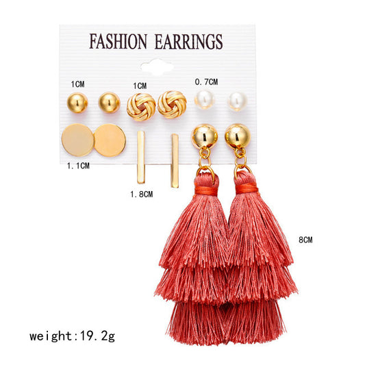 New Hot Sale Bohemian Moon Triangle Tassel Earring Set 6 Pairs Wholesale