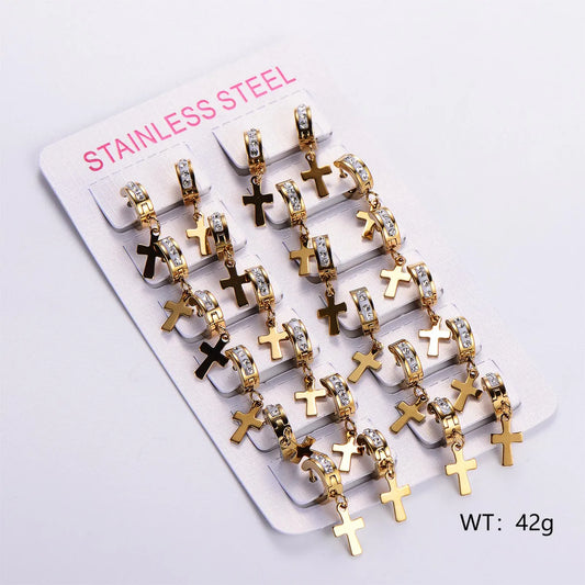 12 Pairs Casual Cross Plating Inlay Stainless Steel Zircon 18K Gold Plated Drop Earrings