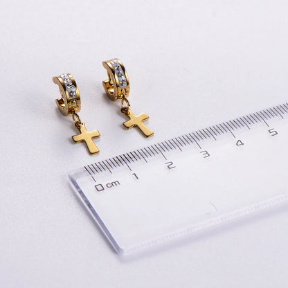 12 Pairs Casual Cross Plating Inlay Stainless Steel Zircon 18K Gold Plated Drop Earrings