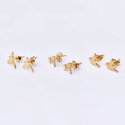 12 Pairs Casual Cute Pastoral Peace Dove Dragonfly Handmade Polishing Laser 304 Stainless Steel Gold Plated Ear Studs