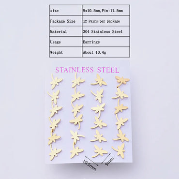 12 Pairs Casual Cute Pastoral Peace Dove Dragonfly Handmade Polishing Laser 304 Stainless Steel Gold Plated Ear Studs