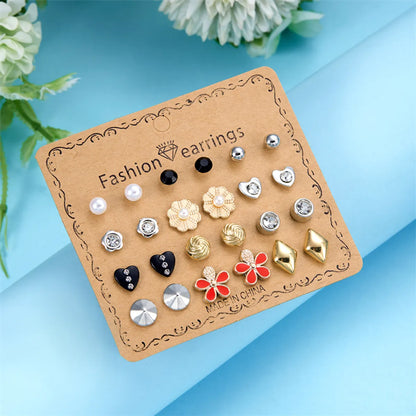 12 Pairs Casual Simple Style Pentagram Heart Shape Bow Knot Inlay Alloy Artificial Rhinestones Ear Studs