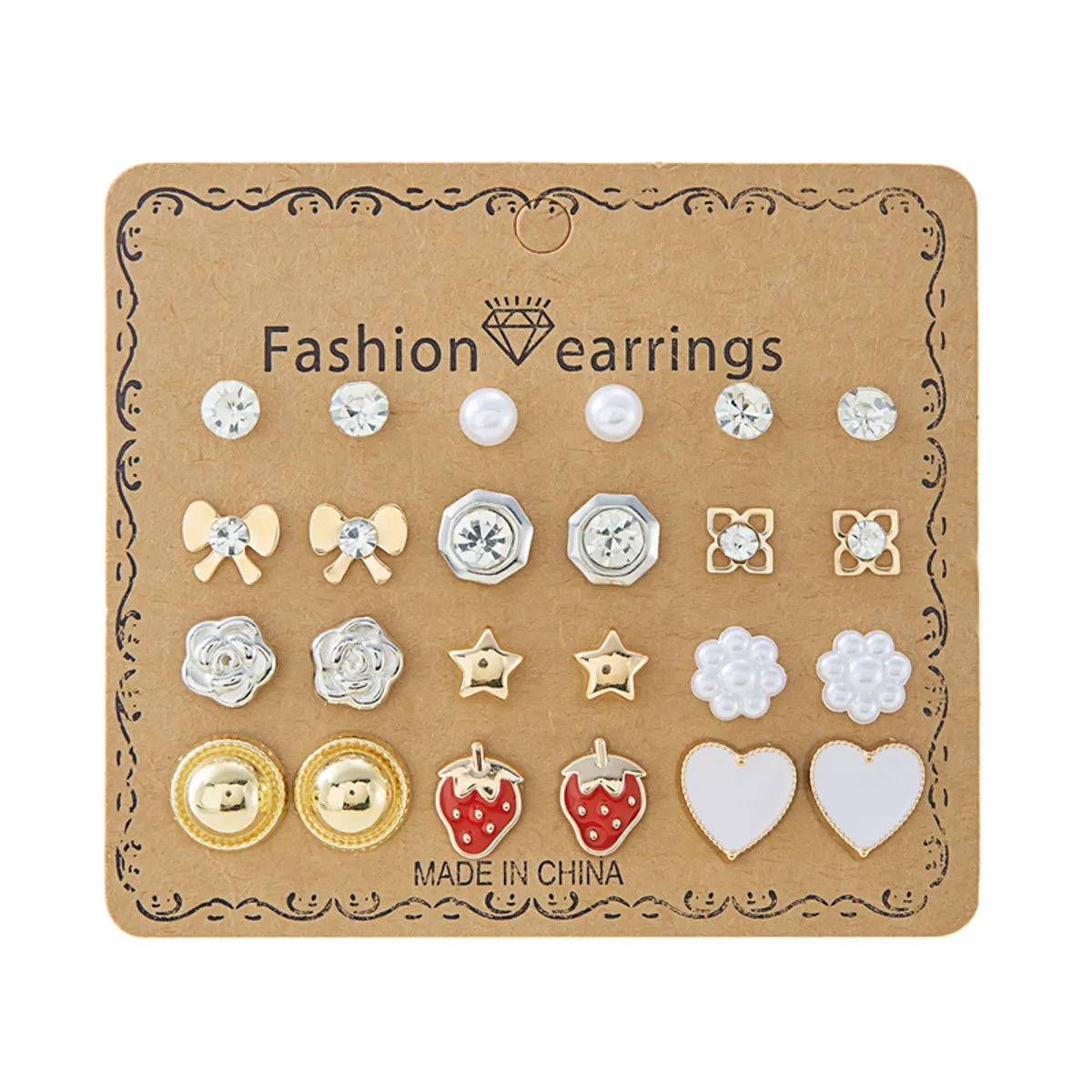 12 Pairs Casual Simple Style Pentagram Heart Shape Bow Knot Inlay Alloy Artificial Rhinestones Ear Studs