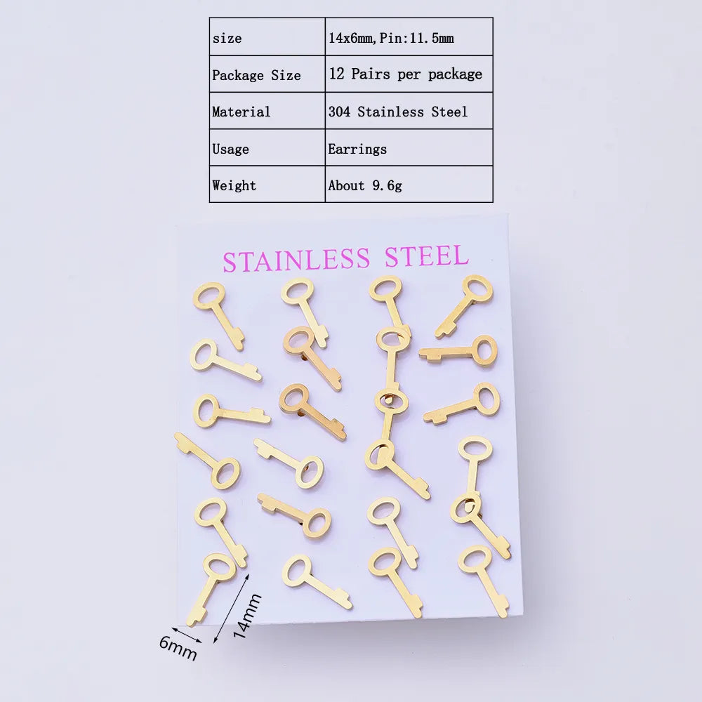 12 Pairs Cute Wedding Romantic Key Lock Handmade Polishing Laser 304 Stainless Steel Gold Plated Ear Studs