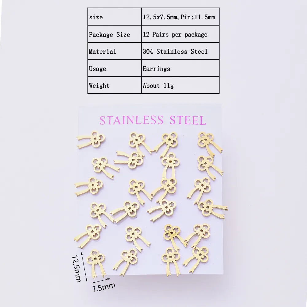 12 Pairs Elegant Simple Style Streetwear Bow Knot Handmade Polishing Laser 304 Stainless Steel Gold Plated Ear Studs