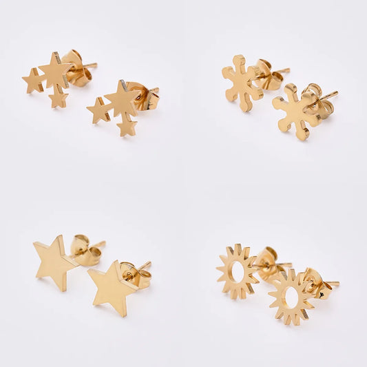 12 Pairs Elegant Simple Style Streetwear Sun Star Snowflake Handmade Polishing Laser 304 Stainless Steel Gold Plated Ear Studs