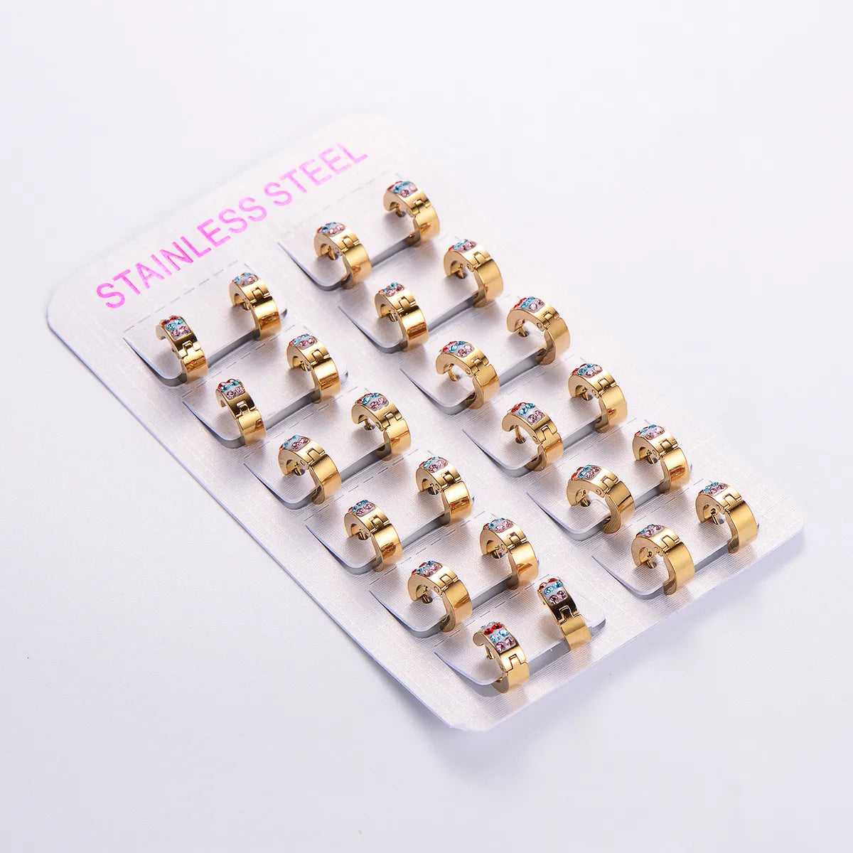 12 Pairs Simple Style Classic Style Solid Color Plating Inlay Stainless Steel Rhinestones 18K Gold Plated Earrings