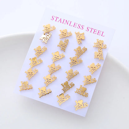 12 Pairs Simple Style Letter Heart Shape Snowflake Stainless Steel Plating Ear Studs