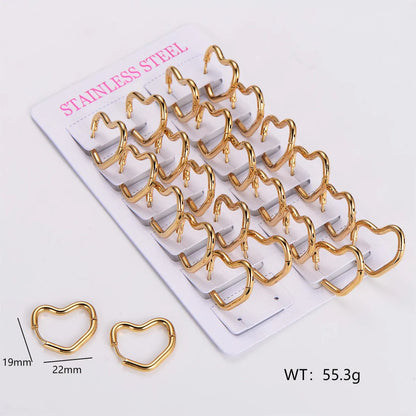 12 Pairs Simple Style Solid Color Asymmetrical Plating Stainless Steel 18k Gold Plated Hoop Earrings