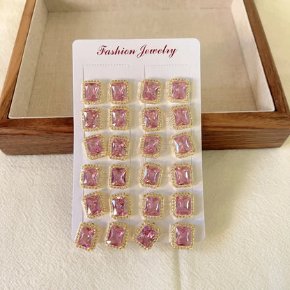 12 Pieces 1 Set Elegant Retro Square Inlay Copper Zircon Ear Studs