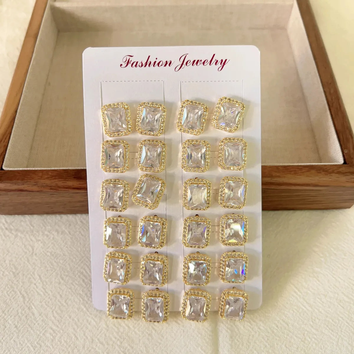 12 Pieces 1 Set Elegant Retro Square Inlay Copper Zircon Ear Studs