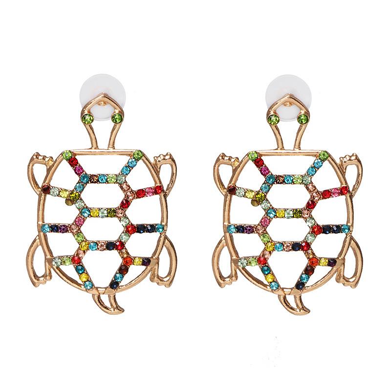 Womens Turtle Retro Openwork Rhinestone Tortoise Alloy Earrings Nhjj121622