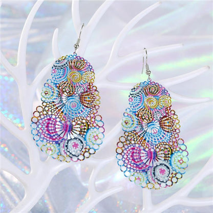 Geometric Colorful Openwork Carved Leaves Big Earrings Retro