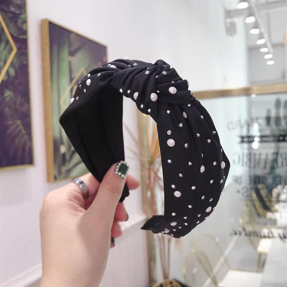 New Hair Accessories Solid Color Hot Drilling Pearl Knotted Twist Knot Wide-Brimmed Headband Female