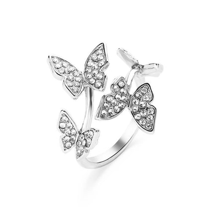 Full Diamond Four Butterfly Ring Light Luxury Index Finger Opening Ring