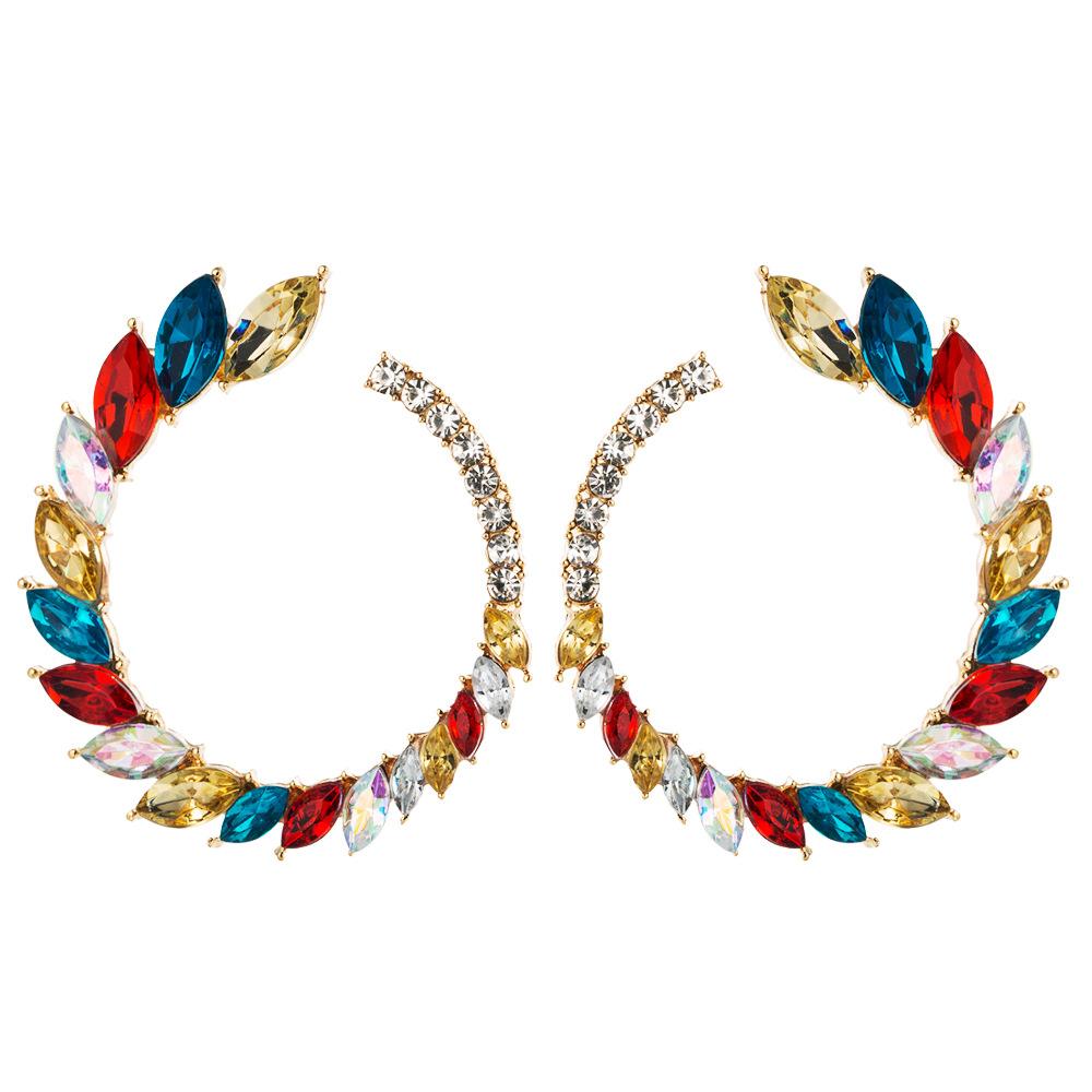 Europe And The United States Selling Retro Inlaid Colorful Rhinestone Earrings Female Exaggerated Large Circle Earrings Set Luxury Super Flash C-shaped Stud Earrings