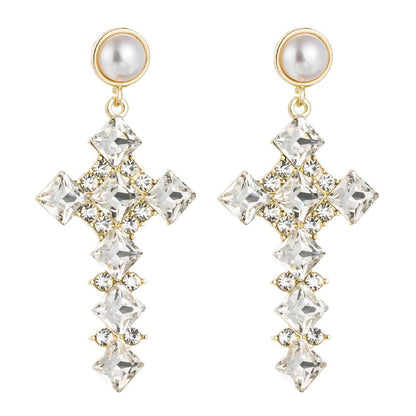 Vintage Pearl Earrings Female Alloy Diamond Cross Long Jewelry