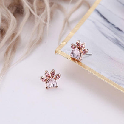 Pink Crystal Zircon Cat Paw Print Cat Ear Studs