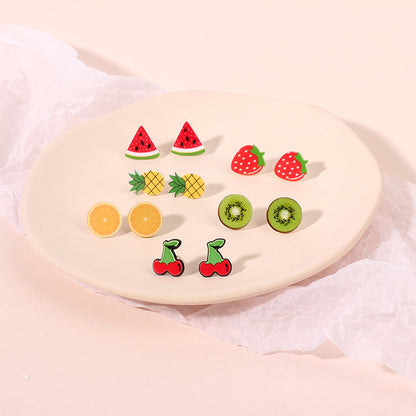 Korean Fruit Childlike Bright Color Strawberry Cherry Acrylic Women's Earrings Set