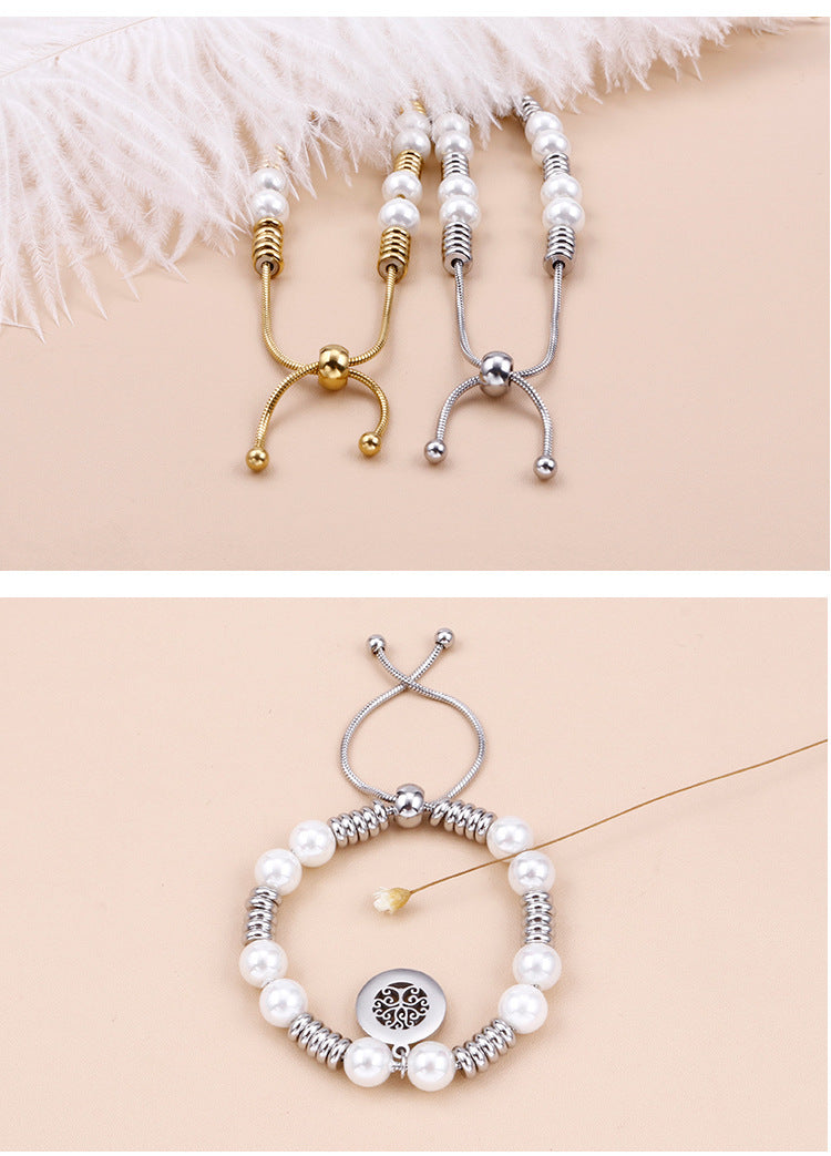 European And American Fashion Jewelry Wholesale Adjustable Pearl Ring Stainless Steel Bracelet