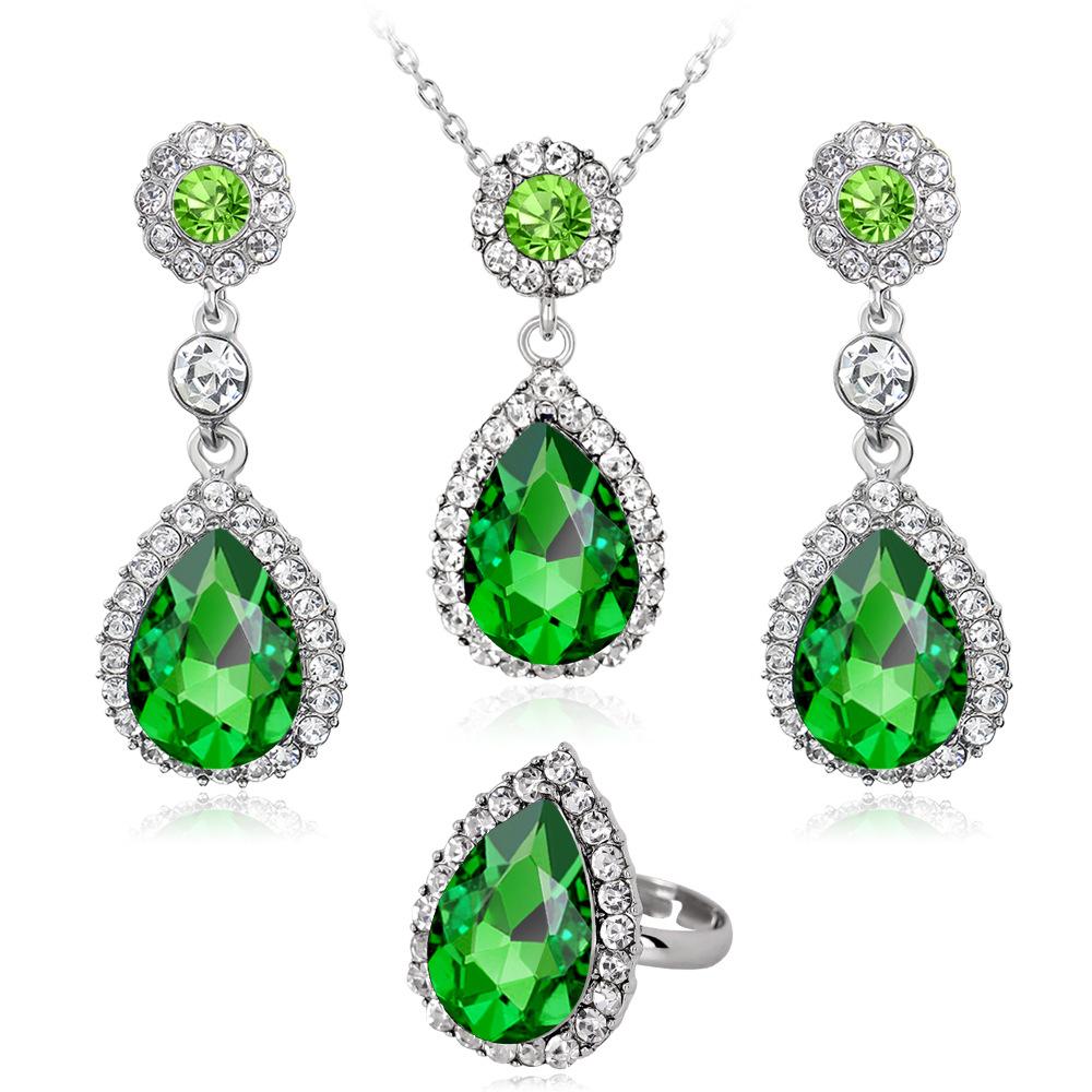 Fashion Simple Multicolor Gem Necklace Ring Earring Three-piece Alloy Diamond Plating White K Jewelry Set