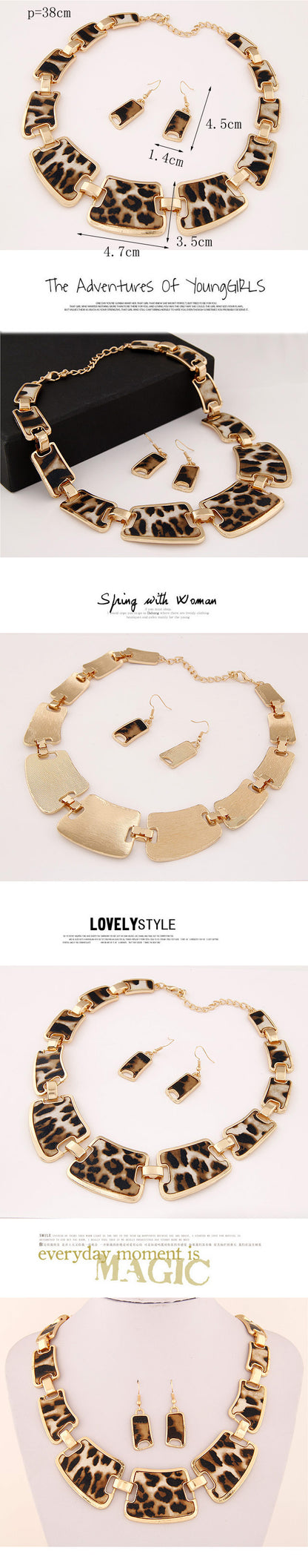Stylish Metal Leopard Print Wild Geometric Collar Necklace Earring Set