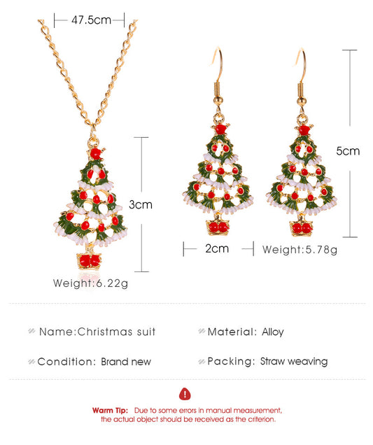 New Fashion Christmas Color Cute Dripping Oil Christmas Tree Earring Necklace Set Wholesale