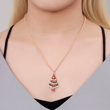 New Fashion Christmas Color Cute Dripping Oil Christmas Tree Earring Necklace Set Wholesale