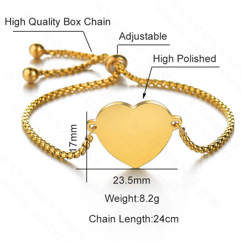 Fine Polished Face Heart Bracelet Stainless Steel Love Adjustable Pull Personality Lettering Bracelet