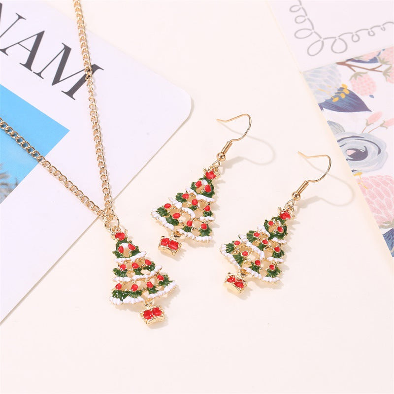 New Fashion Christmas Color Cute Dripping Oil Christmas Tree Earring Necklace Set Wholesale