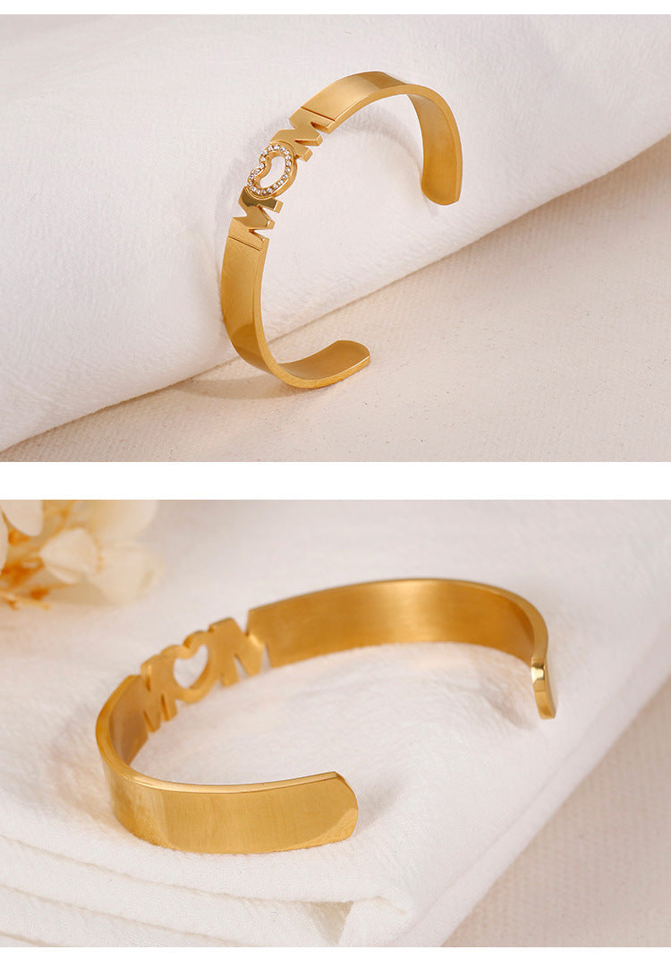 Korean Style Simple Heart-shaped Mom Titanium Steel Open-end Bangle Bracelet Mother's Day Jewelry Gift Factory Delivery