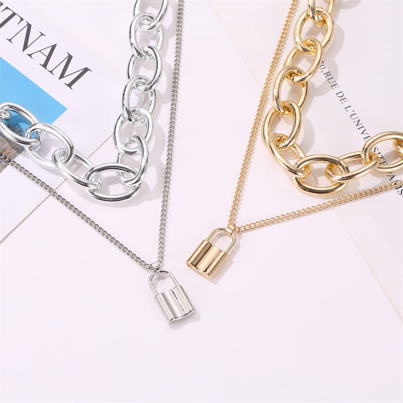 Retro Lock Necklace Punk Exaggerated Double Chain Necklace  Clavicle Chain Chain Wholesale Gooddiy